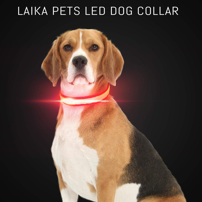 Laika Pets LED Dog Collar Luminous Optical Fibre Woven into Strong High Tensile Nylon Webbing Fabric Glowing Reflective and Flashing with Long Lasting Replaceable Battery Medium Red - PawsPlanet Australia