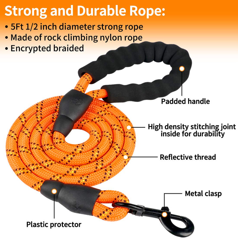 [Australia] - COOYOO - 2 Pack Dog Leash 5 FT Heavy Duty Radiant Colors, Reflective Rope - Padded Handle - Reflective Dog Leash for Medium Large Dogs with Collapsible Pet Bowl Set 4-Black+Orange 