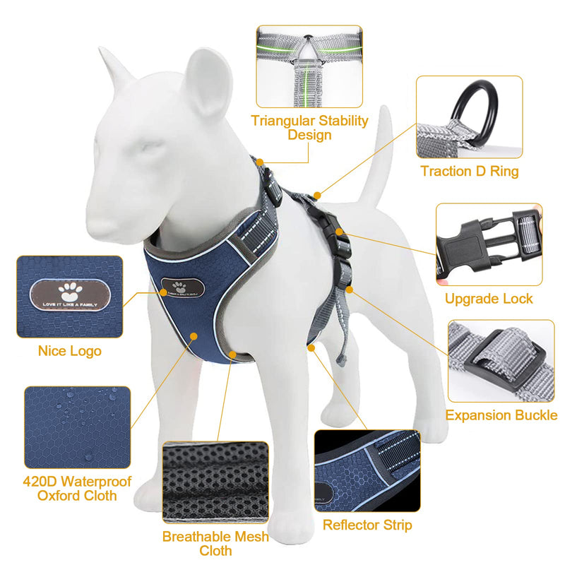 Reflective Dog Harness for Dogs No Choking Adjustable Dog Vest Straps No-Pull Adjustable Dog Harnesses Breathable Harness for Small Medium Large Dog Dark Blue M - PawsPlanet Australia