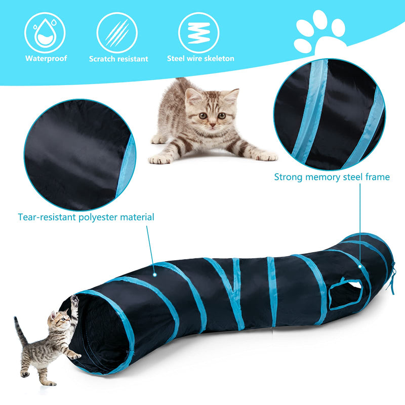 Sheldamy S-2-Way Cat Tunnels for Indoor Cats, Collapsible Cat Play Tunnel, Interactive Toy Maze Cat House with 1 Play Ball for Cats, Puppy, Kitty, Kitten, Rabbit Blue & Black - PawsPlanet Australia