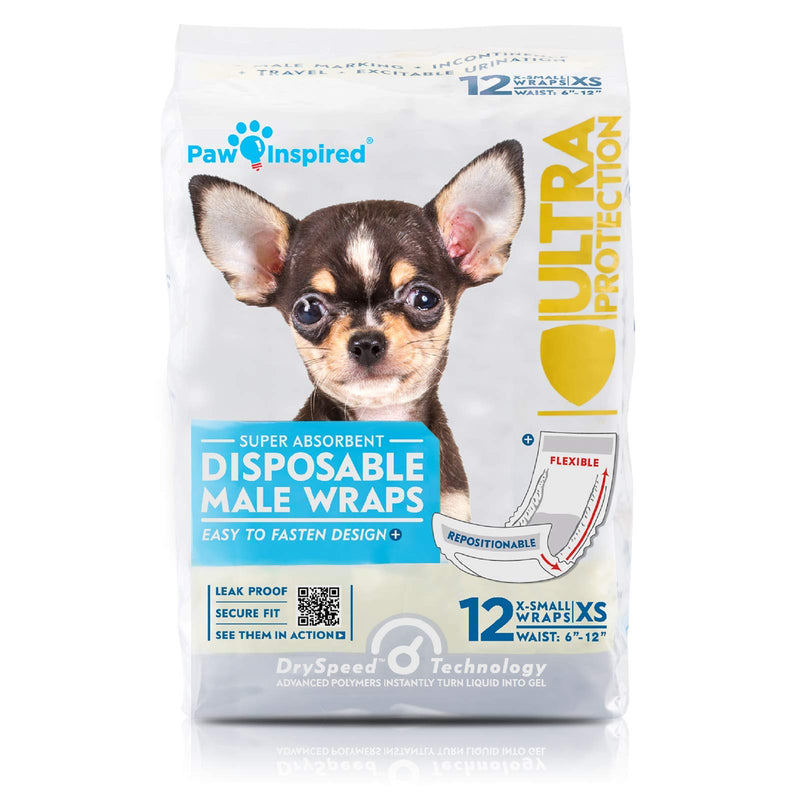 Paw Inspired 36ct Disposable Male Dog Wraps, Belly Band for Dogs | Disposable Dog Diapers Male | Belly Bands for Male Dogs | Excitable Urination, Incontinence, or Male Marking X-Small - PawsPlanet Australia