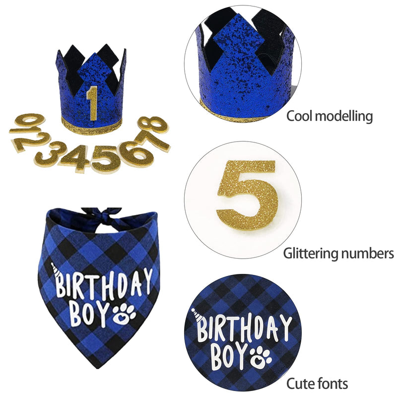 Dog Birthday Party Supplies- Reusable Dog Birthday Hat and Bandana with Numbers, Blue Crown Party Hat BIRTHDAY BOY Scarf Set, Pet Outfits Accessories Party Decoration for for Small Medium Dogs Cats Blue Crown Hat+BIRTHDAY BOY Bandana - PawsPlanet Australia