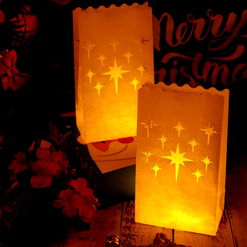 ANECO 72 Pieces Stars Design White Luminary Bags Paper Lantern Bags Flame Resistant Luminary Bags Tealight Candle Holders for Home, Outdoor, Christmas Party Decoration - PawsPlanet Australia