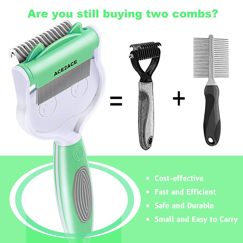 ACE2ACE 2-in-1 cat comb dog brush, pet brushes, cat brush, self-cleaning fur brush cat for long hair and short hair, removes loose undercoat, mats green - PawsPlanet Australia