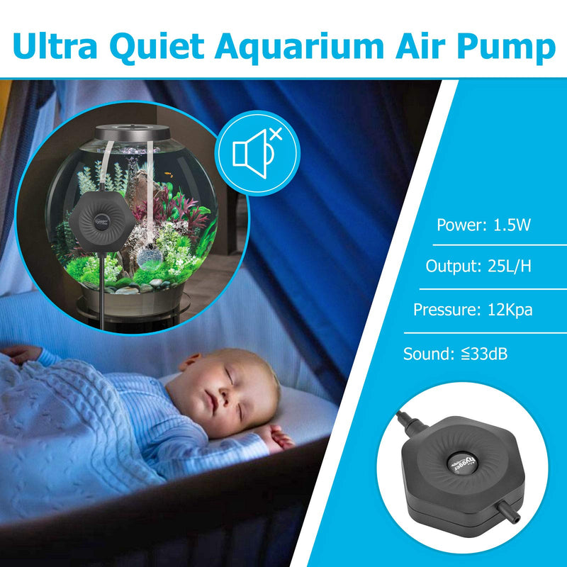 hygger Ultra Silent 1.5W Fish Bowl Aqaurium Mini Air Pump with Accessories, Oxygen Aerator Kit for Fish Tank 0.5-15 Gallon, Comes with 3/16 Inch Air Tubing, Air Stone, AC 110V/60HZ, Power Cord 3.6ft - PawsPlanet Australia