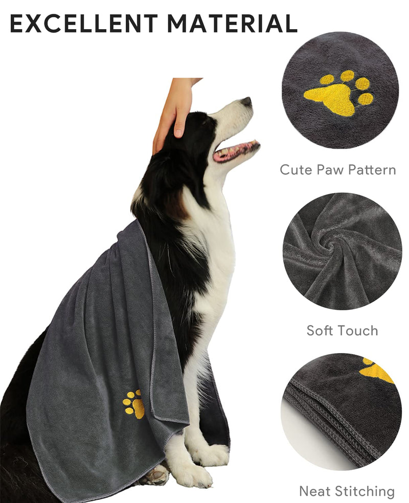 Dog Towel Pet Towel Super Absorbent Paw Pattern Soft Quick-Drying Suitable for Dog Bathing Grooming Travel Beach Large Size Dark Grey 39.37 x19.69in - PawsPlanet Australia