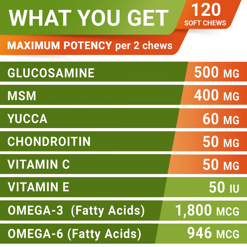Advanced Glucosamine Joint Supplement for Dogs - Hip & Joint Pain Relief - Small + Large Breeds -Omega-3 Fish Oil - Chondroitin, MSM- Mobility Soft Chews for Older Dogs - Vegetable Flavor - 120Ct - PawsPlanet Australia