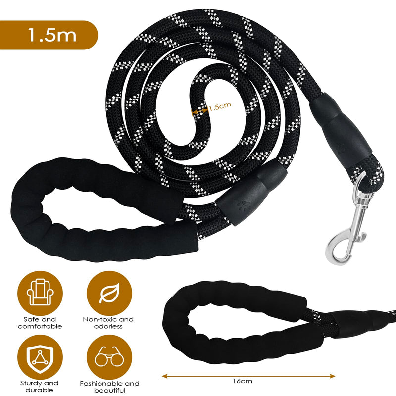 Rseuphiee 1.5M Strong Dog Lead, Tow Lead with Comfortable Padded Handle, Reflective Training Lead for Safety at Night, Running Lead for Dogs for All Size Dogs (Black) - PawsPlanet Australia