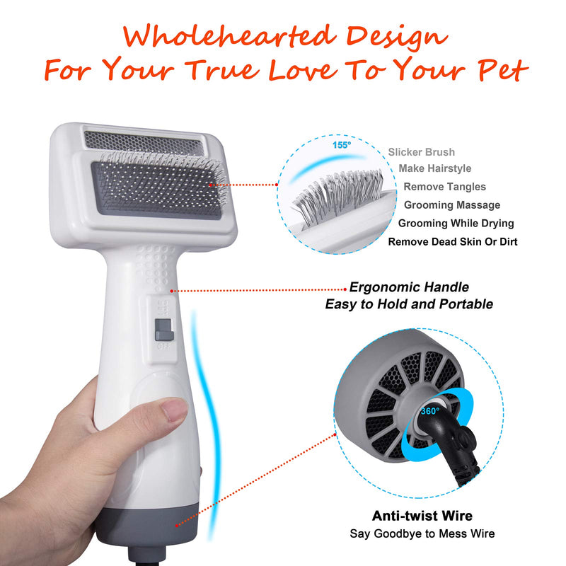 Pet Dog Hair Dryer Brush - 2021 Newest Dog Hair Grooming Dryer Blower Slicker Brush with 3 Wind and Temperature Settings, 2-in-1Function with Dryer and Brush for Small and Medium Dogs and Cats (White) - PawsPlanet Australia