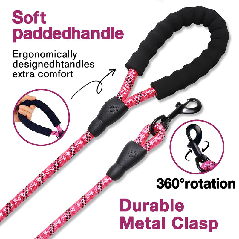 COOYOO 2 Pack Dog Leash 5 FT Heavy Duty - Comfortable Padded Handle - Reflective Dog Leash for Medium Large Dogs with Collapsible Pet Bowl 0.3in. x 5ft.(for dogs weight 0-18lbs.) Set 1-Black+Pink - PawsPlanet Australia