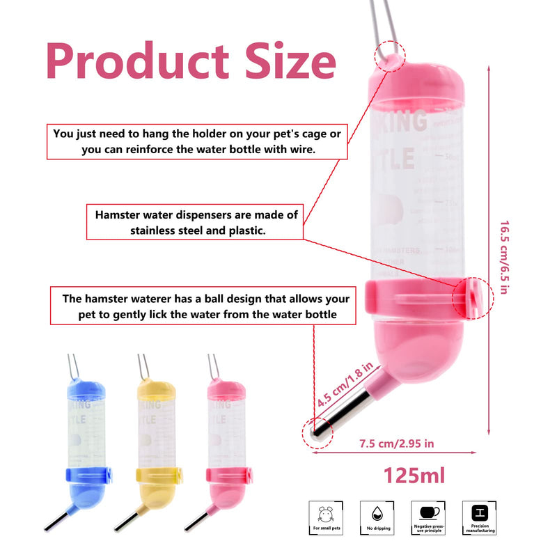 Puoxbim Pack of 3 Hamster Drinkers 125ml Pet Drinking Water Bottles for Small Animals Round Head Hamster Water Bottle Vacuum Leakproof Bite Resistant - PawsPlanet Australia