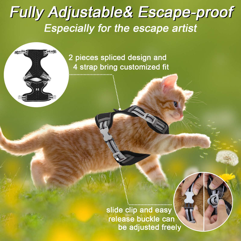 Cat Harness and Leash Escape Proof Cat Harness for Cats, Adjustable Cat Leash and Harness Set for Cat Walking Harness Cat with Soft Breathable Mesh & Reflective Strip Small (Chest: 13.7" - 16.2") Black - PawsPlanet Australia