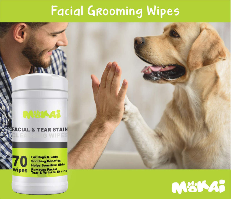 [Australia] - MOKAI Facial Wrinkle Eye and Tear Stain Wipes for Dogs and Cats | Extra Soft Wipes with Mild Fragrance-Free Formula that Removes Eye Discharge and Reduce Tear and Saliva Stains (70 Wipes) 