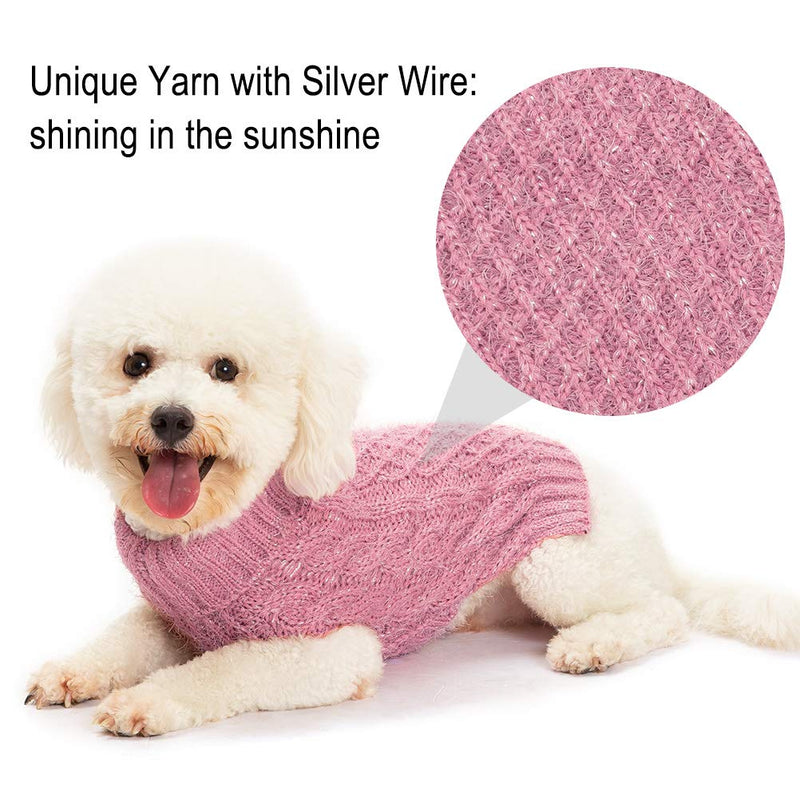 SCIROKKO Turtleneck Dog Sweater - Classic Cable Knit Winter Coat - Feather Yarn Glittered with Silver Wire - Keep Warm for Doggies Puppy XS - neck 9-10", chest 15-16" Pink - PawsPlanet Australia