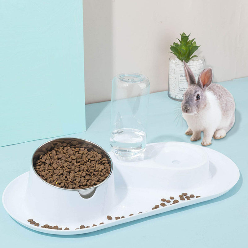 Tfwadmx Rabbit Double Bowls Bunny Automatic Water Dispenser Detachable Plastic Bottle Adjustable Titled Neck Protection Food Feeder for Chinchilla Cat Puppy Squirrel and Other Small Animals - PawsPlanet Australia