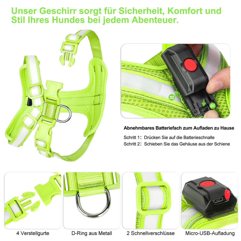 PZRLit Luminous Dog Harness, Luminous Harness for Dogs, Rechargeable, Luminous Dog Harness, LED, Luminous Harness for Dogs, Reflective with Light, Safety in the Dark-Green, Medium Green - PawsPlanet Australia