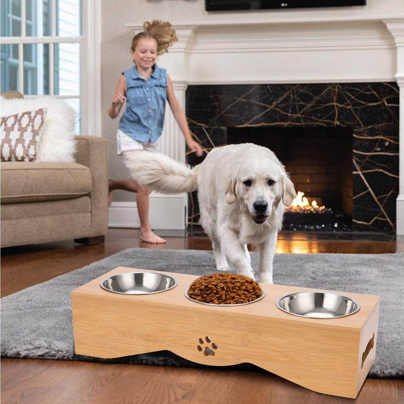 JAZUIHA Multiple Cat Elevated Bowls Stainless Dog Bowl with Bamboo Stand Pet Food and Water Feeder with 3 Bowls No Spill Perfect for Cats and Small Dogs - PawsPlanet Australia