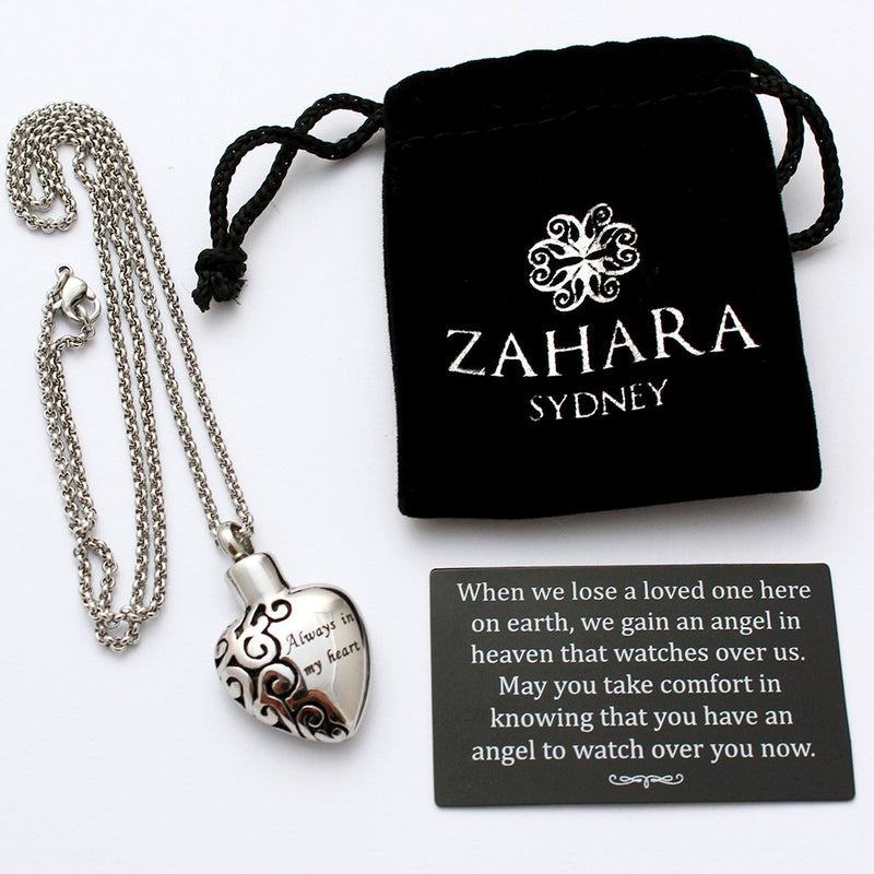 Zahara Pet Memorial Urn Necklace (20 Inches) with Velvet Pouch & Funnel | Always in My Heart Pendant + Chain - PawsPlanet Australia