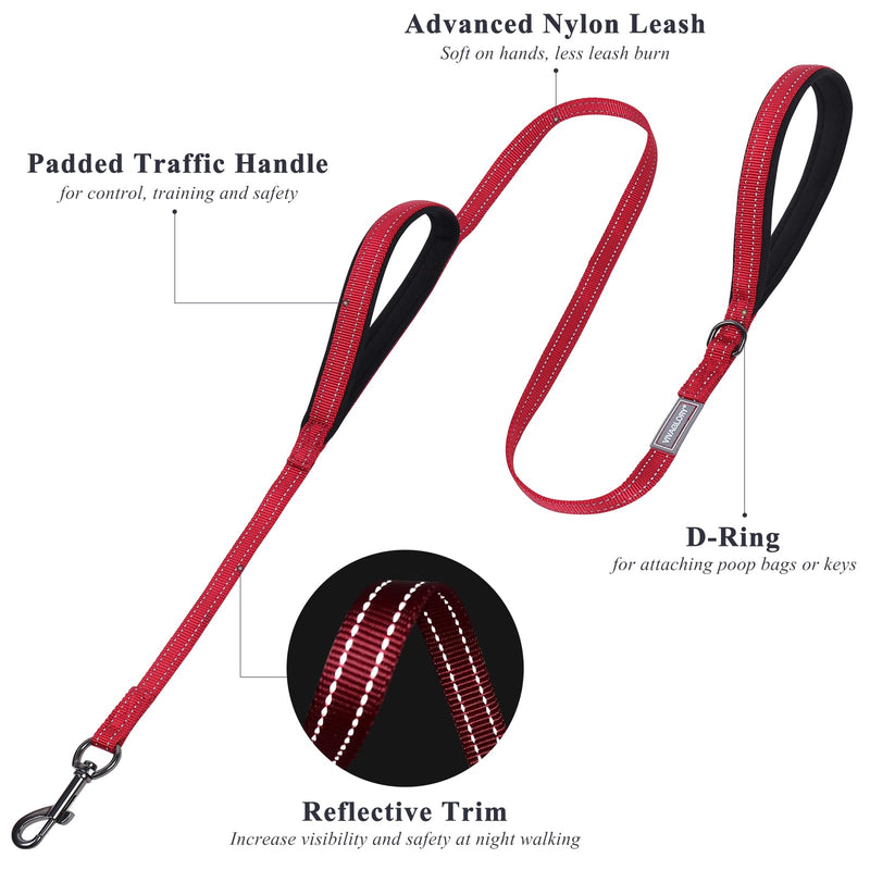 VIVAGLORY Traffic Handle Dog Lead, Dog Lead with Two Padded Handles, Strong Reflective & Metal Hook Training Lead for Dogs, Red 1.2 m x 1.4 cm - PawsPlanet Australia