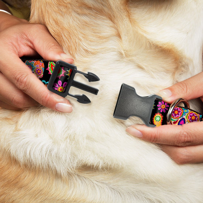[Australia] - Buckle-Down Plastic Clip Collar - Bobo Sugar Skull/Paisley Black/Multi Color - 1.5" Wide - Fits 18-32" Neck - Large 