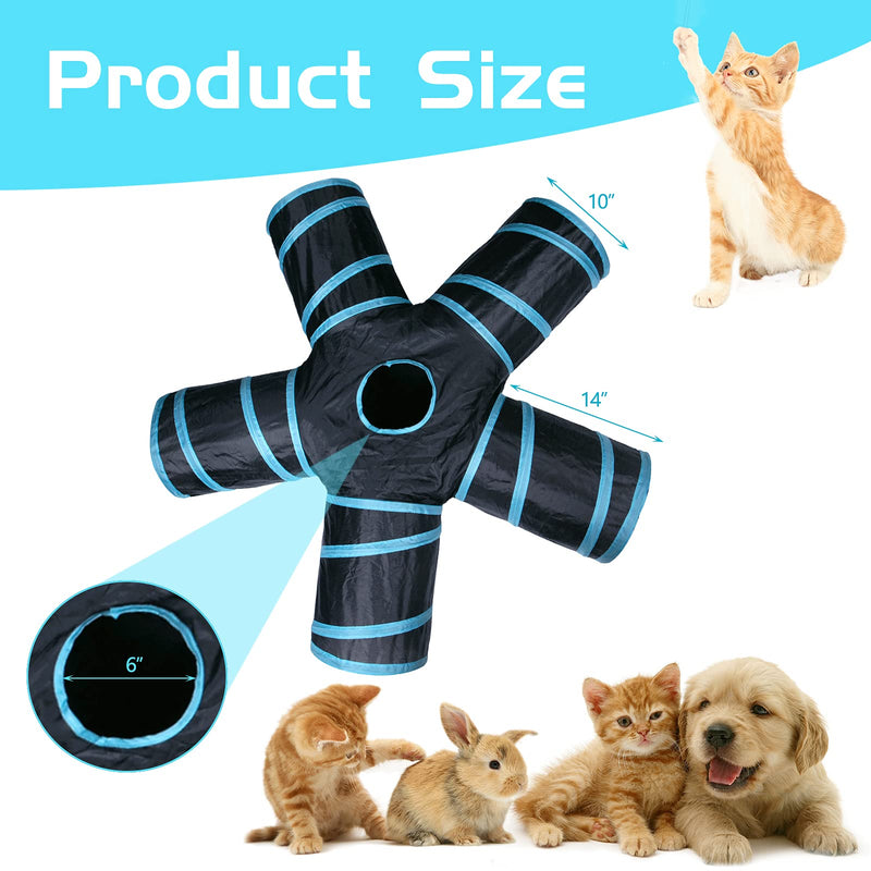 Sheldamy Cat Tunnel, 5-Way Collapsible Cat Tunnel with Peek Hole and Play Ball, Cat Tunnels for Indoor Cats, Puppy, Kitty, Kitten, Rabbit Black & Blue - PawsPlanet Australia