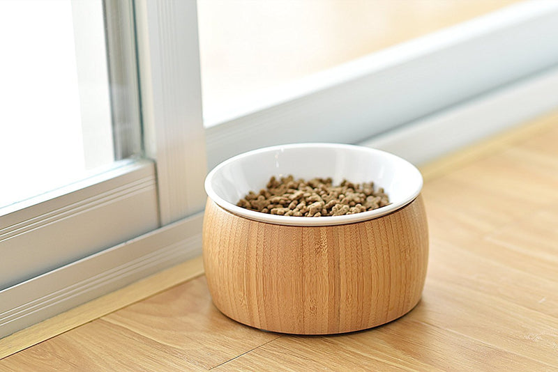 [Australia] - TigerLi Raised Cat Bowl 6" with Nature Bamboo Stand, Beautiful and Functional Design Pet Feeder Ceramic 