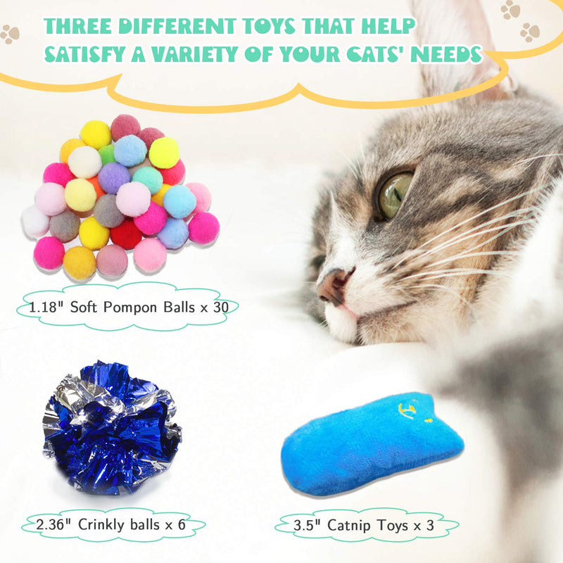 [Australia] - Cat Toys Variety Bundle Set, Interactive Cat Toy Set Including 30Pcs Soft Cat Toy Balls, 6Pcs Mylar Crinkle Balls and 3Pcs Cat Catnip Toys for Cat Kitten Having Fun Exerciser Playing 