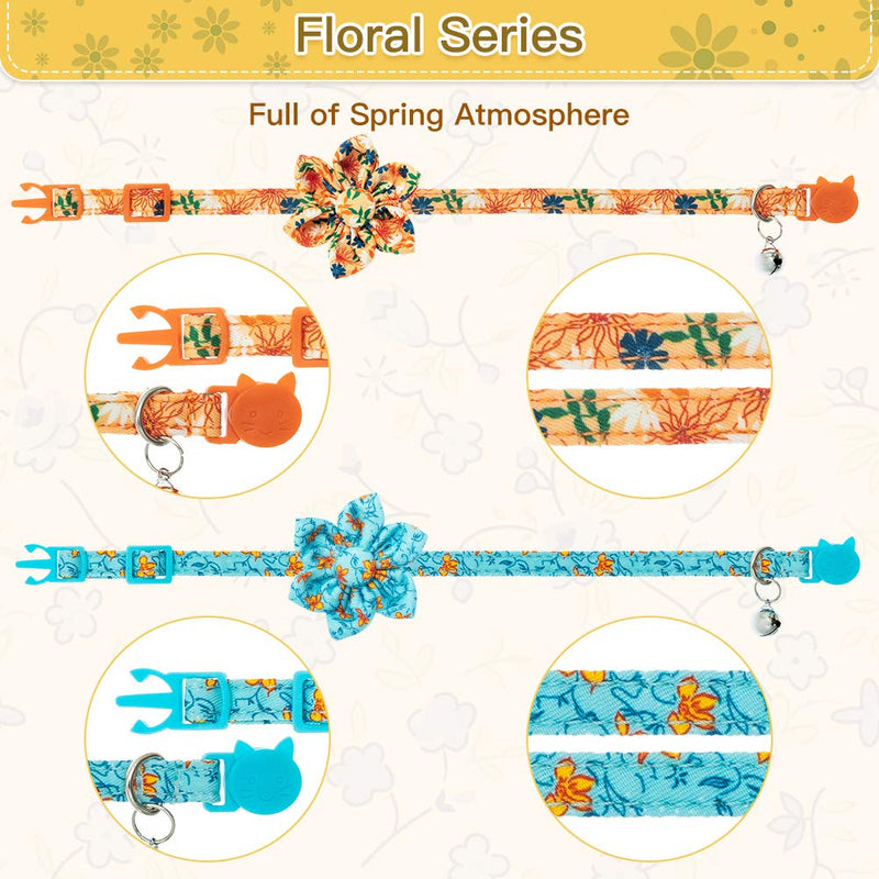 BINGPET Floral Breakaway Cat Collar with Bells, 2 Pack Adjustable Soft Pet Kitten Collars with Adorable Flower Patterns and Detachable Flower Accessories for Cats Kitties Orange - PawsPlanet Australia