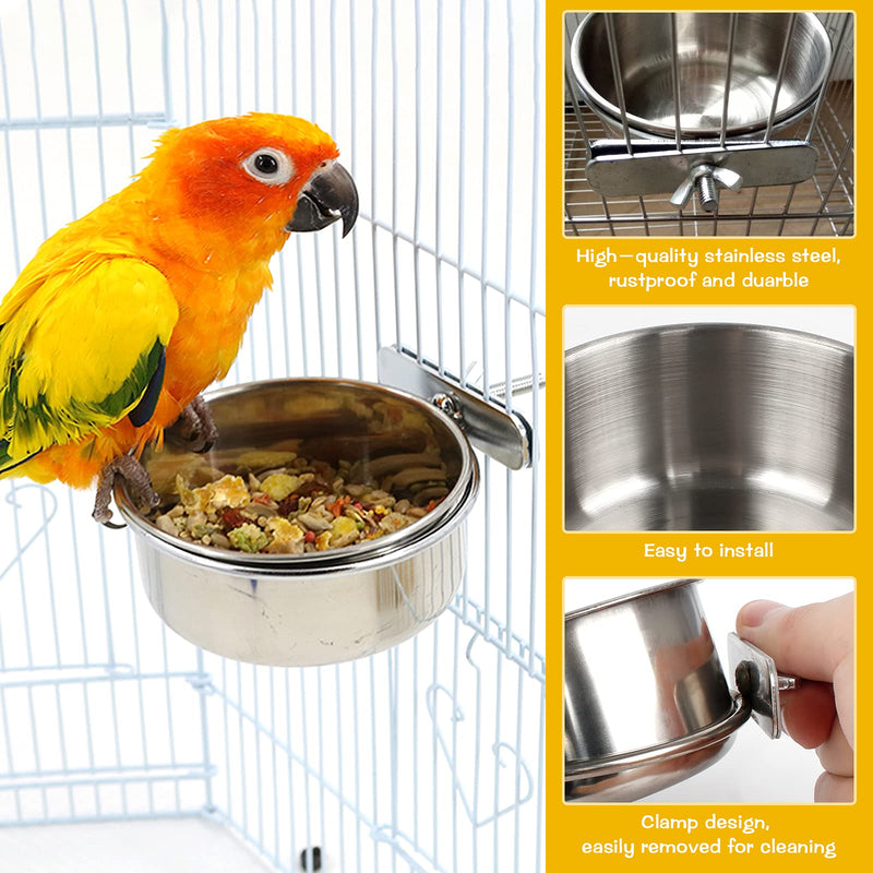 2 Pieces Bird Feeding Dish Cups, Stainless Steel Bird Bowl with 2 Pieces Bird Cage Stand Perch Bird Cage Cup Holder with Clamps Parrot Food Bowl for Cage - PawsPlanet Australia