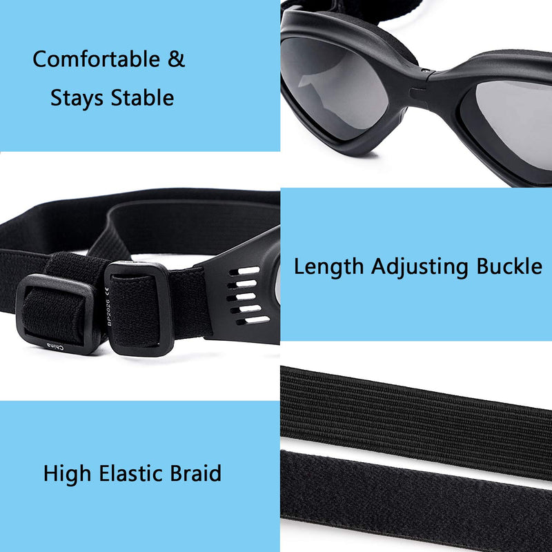 Segarty Pet Sunglass with Strap, Dog UV Glasses with Chin Strap Adjustable, Anti-Fog & Windproof Pet Goggles Sun Glasses Eye Glasses for Small Medium Large Dogs Puppies Cats Car Rides Eye Protection Head 7.9~13.8", Chin 6.6~10.6” Black - PawsPlanet Australia