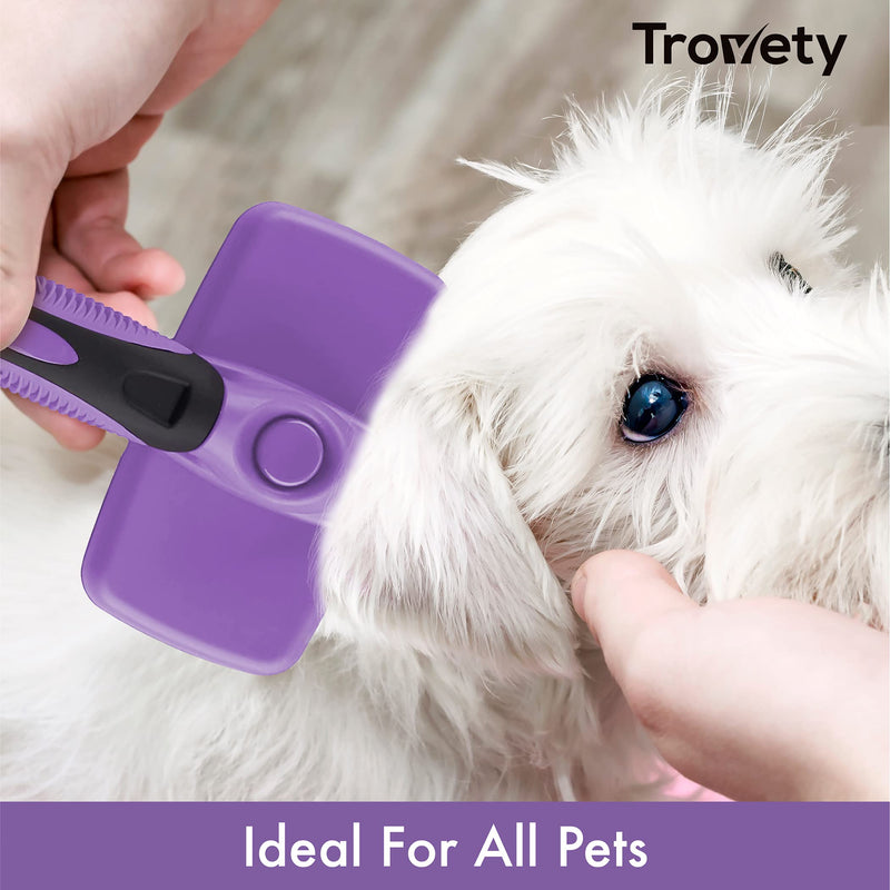 Trovety Self Cleaning Pet Slicker Brush - Purple Grooming Tool for Tangled, Matted Dog & Cat Fur - Promotes Coat Health, Blood Circulation - One Button Hair Removal - For Long or Short Haired Animals - PawsPlanet Australia