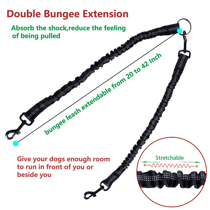 Ruiruao Double Dog Leads No Tangle Leash, Multifunctional Detachable Splitter Coupler Shock Absorbing Bungee Dual Padded Handle for 1 or 2 Medium Large Dogs with Waste Bag Dispenser Black and Red - PawsPlanet Australia