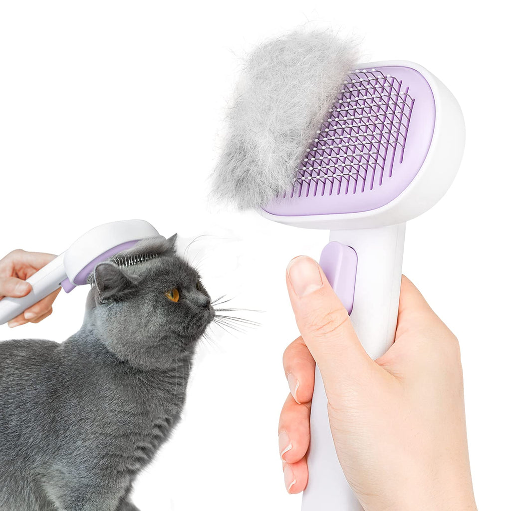 Cat brush short hair, aumuca cat brush, cat hair brush pet brushes, self-cleaning fur brush cat for long hair and short hair Removes loose hair, mats and matted hair (purple） purple - PawsPlanet Australia