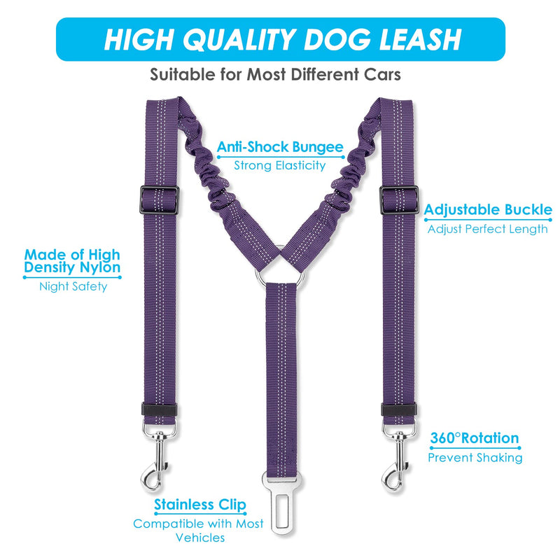 SlowTon Double Dog Seatbelt, Dual Pet Car Seat Belt Adjustable Double Dog Coupler Lead with Elastic Bungee and Reflective Stripe No Tangle Safety Belt Splitter in Vehicle for Two Pets Trip Travel  Purple double seat belt - PawsPlanet Australia