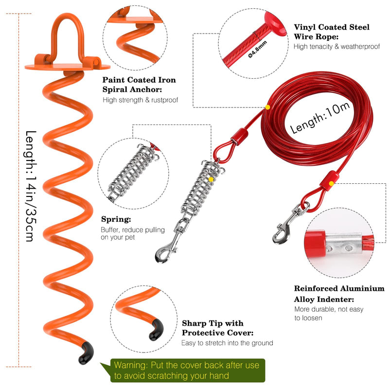 VavoPaw Dog Tie Out Cable and Stake, 360° Swivel Dog Tie Out Stake Spiral Ground Anchor, 33FT Dog Chains Stake for Dogs Outside, Outdoor, Camping, Park, Yard Garden, Red+Orange - PawsPlanet Australia