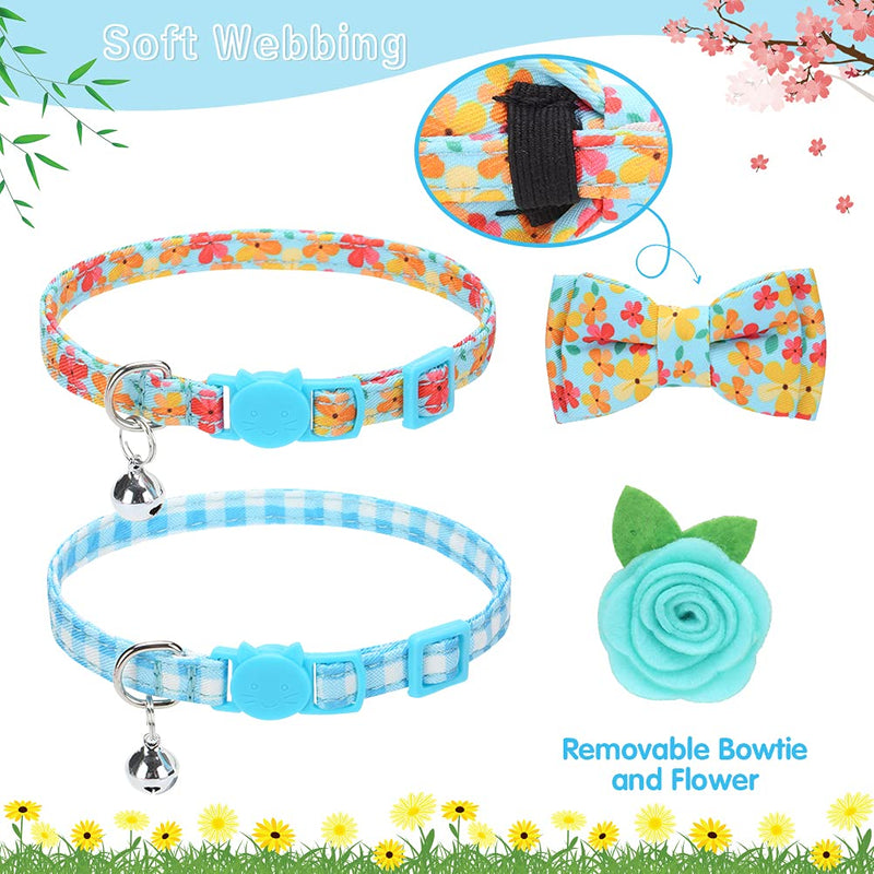 PUPTECK Adjustable Breakaway Cat Collars - 2 Pack Kitten Collars with Bells and Removable Bowtie and Flower, Cute Spring Summer Cat Collars, Soft and Comfortable Blue - PawsPlanet Australia