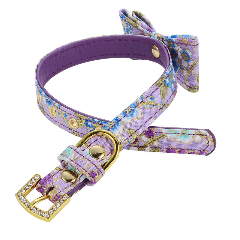 LOVPE Gold Flash Diamond Buckle Pet Canvas Floral Pattern Printed Padded Adjustable Puppy/Kitten Artistic Collar Handmade Elegant Bow Tie for Small Dogs/Cats (XS (Neck for 8-11 inch), Purple) XS (Neck for 8-11 inch) - PawsPlanet Australia