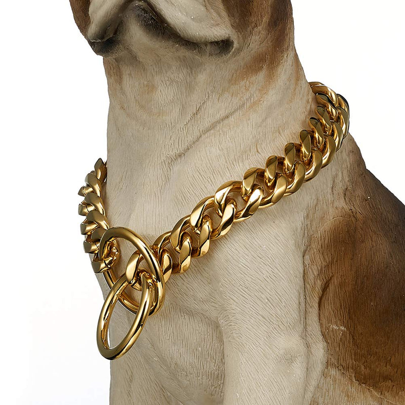 [Australia] - fengco Heavy Duty Choke Cuban Dog Chain, Stainless Steel/18K Gold Dog Collar,Width 15mm,12-26inch Length,Strong Stainless Steel Metal Links Slip Chain Training Collar for Large Medium Small Dogs 16inch(Suit for 12～14inch Dog's Neck) 