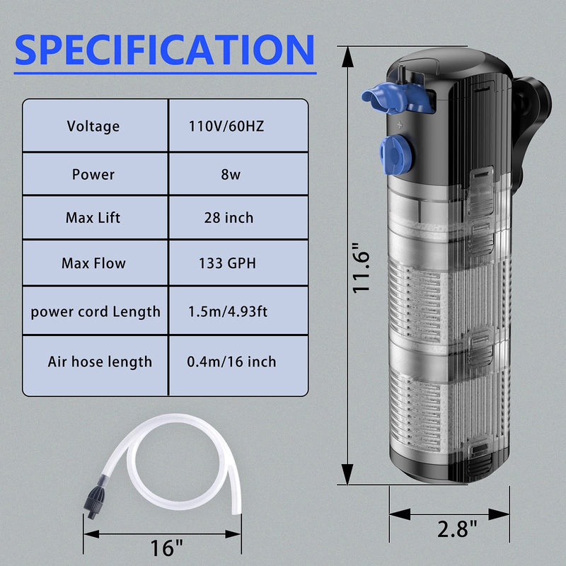 Yochaqute Aquarium Fish Tank Filter: 8w Internal Filter Pump for 40-120 Gallon Salt Water | Fresh Water | Coral Tank | Turtle Tank with 2 Stages Filtration & Strong Suction Cups - PawsPlanet Australia