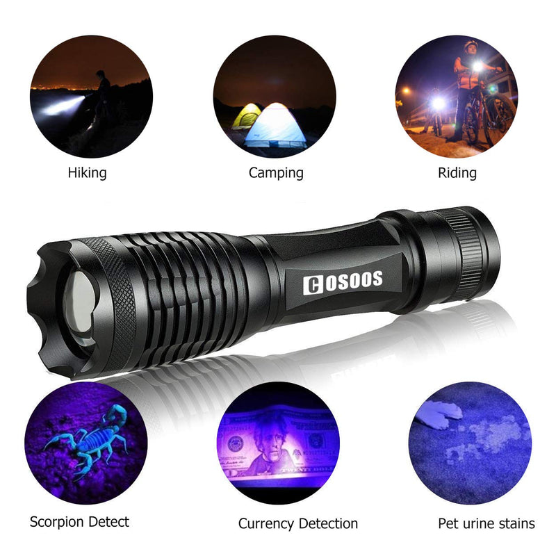 [Australia] - 2 Pack Black Light UV Flashlight, COSOOS 2 in 1 LED Tactical Flashlight & 395 nm Ultraviolet Blacklight Pet Urine Detector for Dog/Cat Urine, Dry Stains, Bed Bug, Catch Scorpions.(Holster Included) 