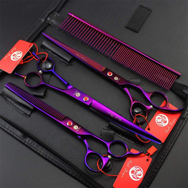 [Australia] - Purple Dragon 8.0" Titanium Multicolor Professional Pet Grooming Scissors Set,Straight & Thinning & Curved Scissors Shear with Bag for Dog Cat Grooming Purple 