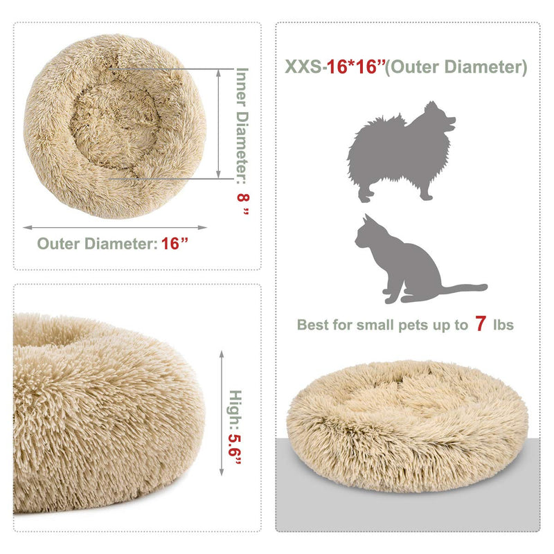 [Australia] - GASUR Dog Bed Cat Beds Donut, Soft Plush Round Pet Bed XS Small Medium Size Calming Bed, Self Warming Winter Indoor Snooze Sleeping Kitten Bed Puppy Kennel 16*16 Taupe 