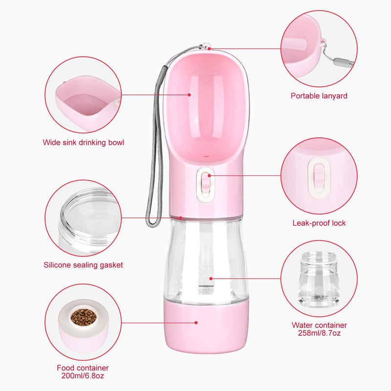 Podazz Water Bottle for Walking, Portable Pet Travel Water Dispenser with Food Container, Multifunctional and Detachable Combo Cup for Drinking and Eating,Suitable for Cat and Puppy (pink) pink - PawsPlanet Australia