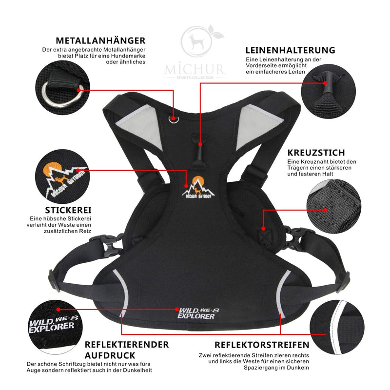 Michur Rocky Black Harness, life jacket, dog vest, dog harness medium small large, with Neopren, reflective strong Chest circumference 35.28-40.95" - PawsPlanet Australia