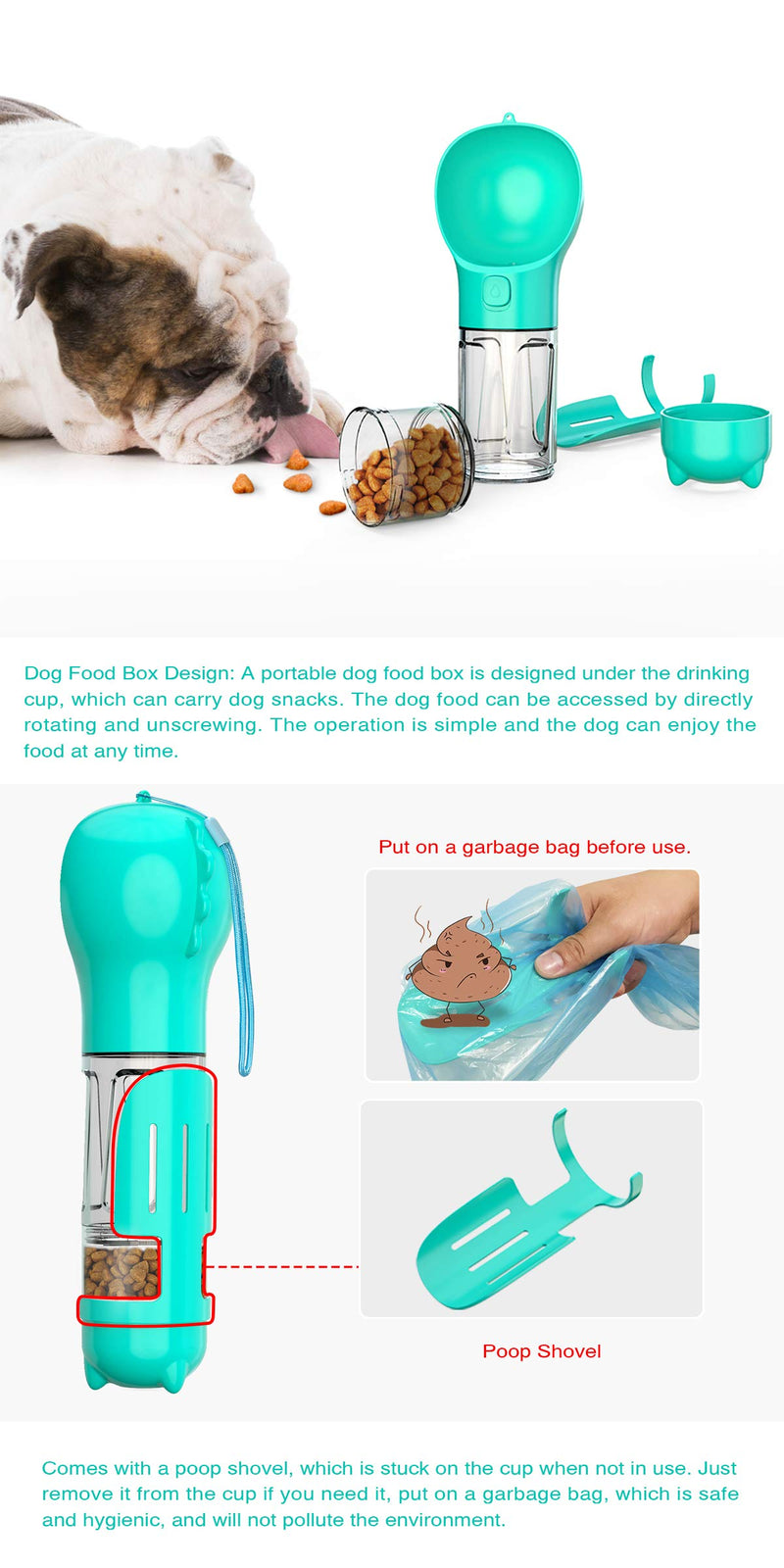 Portable Dog Water Bottle, Dog Water Bottle Dispenser-300ML, 4 in 1 Multifunctional Pet Travel Water Cup with Food Box, Shovel,Garbage Bags for Walking Hiking Travel Outdoor - PawsPlanet Australia