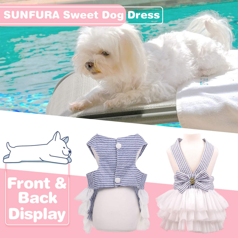 SUNFURA Stripe Dog Dresses, Cute Halter Princess Tutu Dress with Sweetie Bowknot for Small Dogs Cats Pets on Wedding Party Summer Beach, Soft Breathable Puppy Doggie Vest Shirt Apparel (Blue S) Blue - PawsPlanet Australia