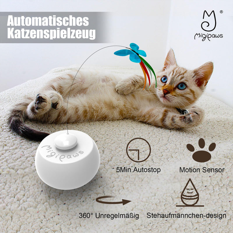 Migipaws cat toy, interactive butterfly toy and feather toy, rotating with intelligent rolling ball for domestic cats, standing man design, automatic movement, teaser fun - PawsPlanet Australia