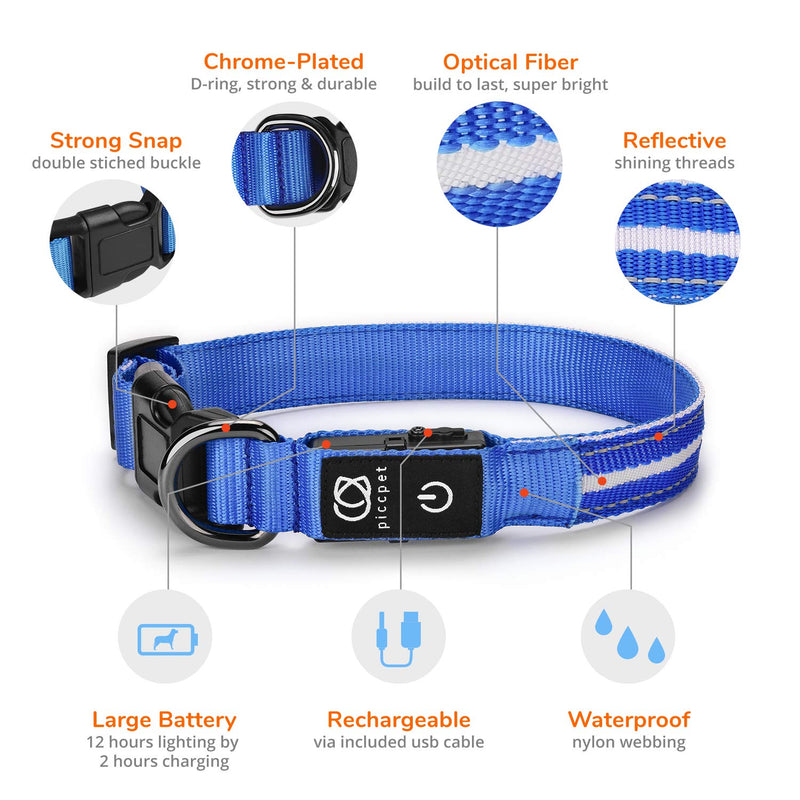 [Australia] - piccpet LED Dog Collar, USB Rechargeable & Water Resistant, 3 LED Flashing Mode, Makes Your Dog Glow at Night, Soft Polyester Webbing Dog Necklace, Dog Collars for Small Medium Large Dogs Medium (14 - 20'') Blue 
