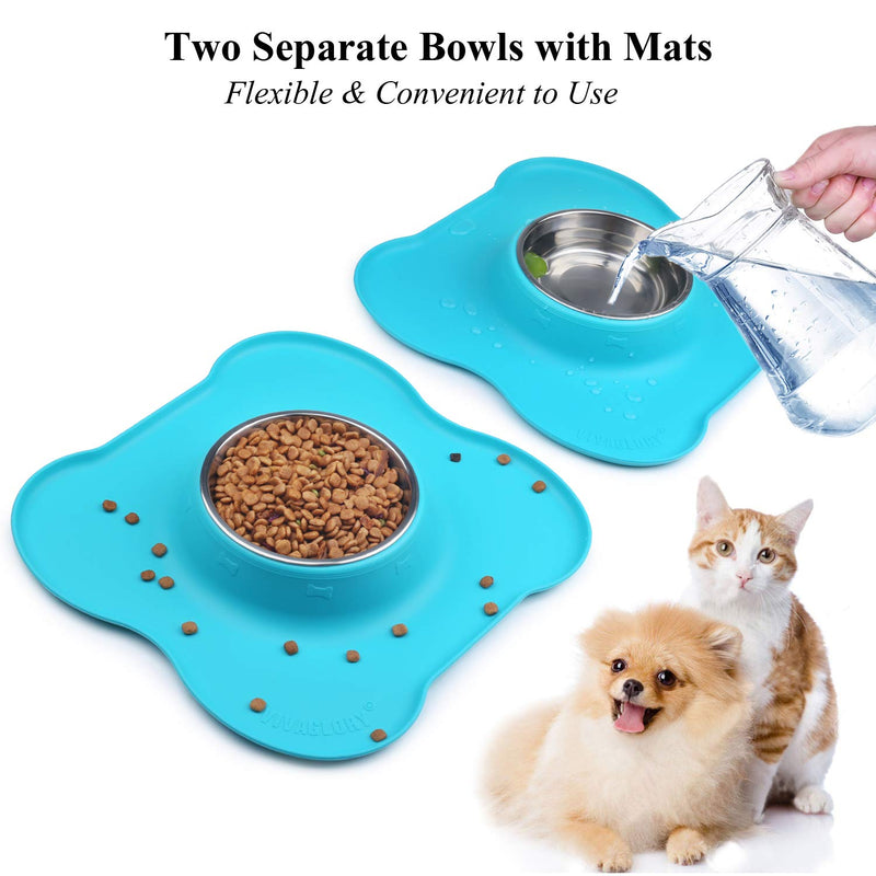 [Australia] - Vivaglory Dog Bowls Set, 2 Pack Puppy Bowls with Non Spill Silicone Mat and Food Grade Stainless Steel Water and Food Feeding Bowl for Kitty Puppy Cat Dog 6½ OZ ea. Turquoise 