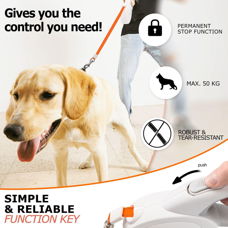 bluzelle 8m long dog leash for dogs up to 50kg, flexible retractable leash, neon orange, bright reflector strap with 360° metal carabiner hook, ergonomic handle, gray rubberized & retraction brake, white - PawsPlanet Australia